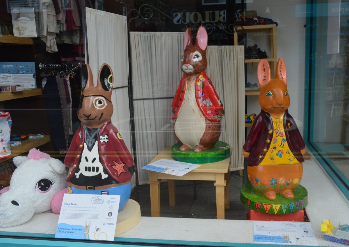 Pirate Patch, Flower Patch Patrick and Springy Peter Rabbit Fluffles in a Whitley Bay shop window
